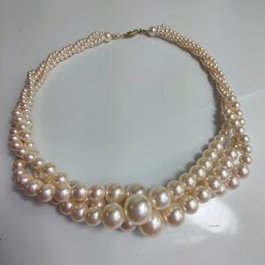 RMN Elegant 3 Strand Pearl Necklace Gold Tone Clasp Statement Choker